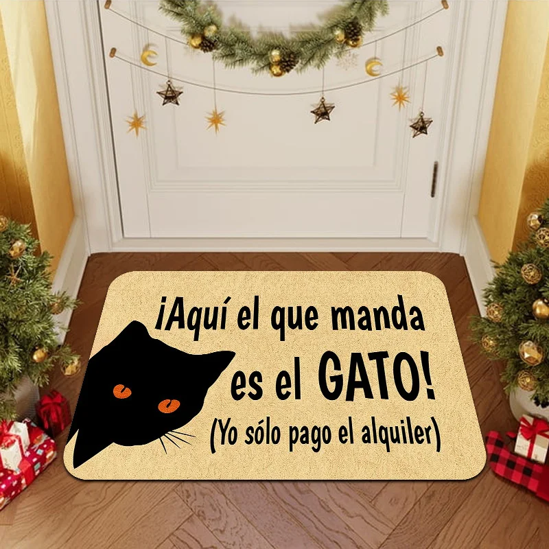 Novelty Funny Floor Mat Spanish Slogan Black Cat Silhouette Art Rug  Interesting Pet Themed Decoration for Home Entrance