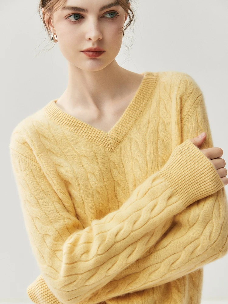 ADDONEE Maglione pullover in maglia a trecce con scollo a V da donna Autunno Inverno Maglieria in cashmere 100% stile preppy Maglione in cashmere spesso