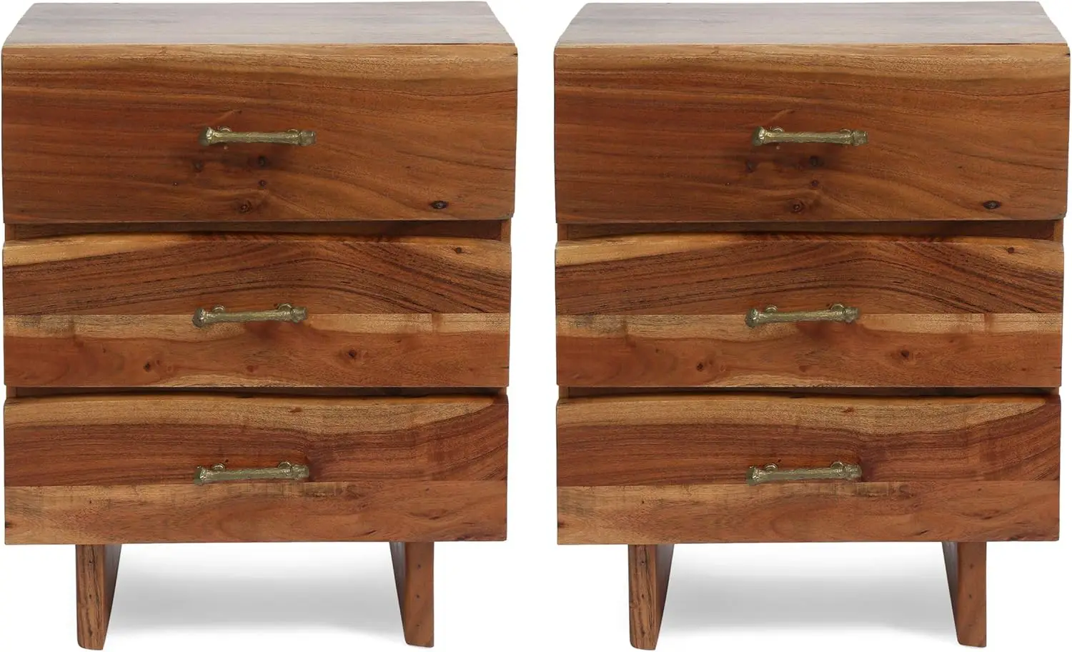 Knight Home Terrell Handcrafted Boho Acacia Wood 3 Drawer Nightstand (Set of 2), Dark Natural