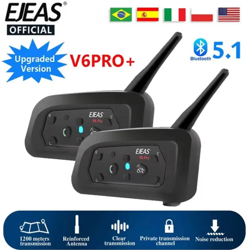 EJEAS 2Pcs Type C V6 Pro Moto Intercom Bluetooth Helmet Headset Motorcycle Interphone Walkie Talkie for 6 Riders