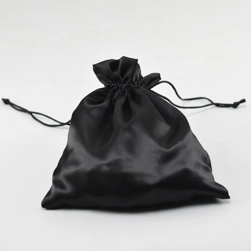 Drawstring Bag Jewelry Pouch Black Satin Gift Sachet Wood Ear Pocket Hair Extensions Packaging Bags Manufacturer Custom Logo 50P