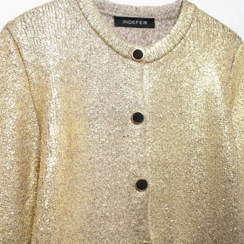 TRAF Women Foil Cropped Cardigans Gold Knitted Cardigan Autumn Winter Long Sleeve Glitter Button Knit Outerwear Short Sweaters