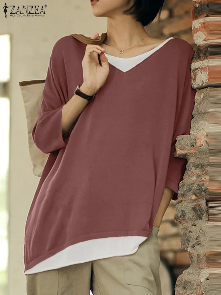 

ZANZEA Women Fashion Blouse 2025 Autumn Color Patchwork Tunic Tops Casual Loose Shirts Vintage 3/4 Sleeve Chic Round Neck Blusas