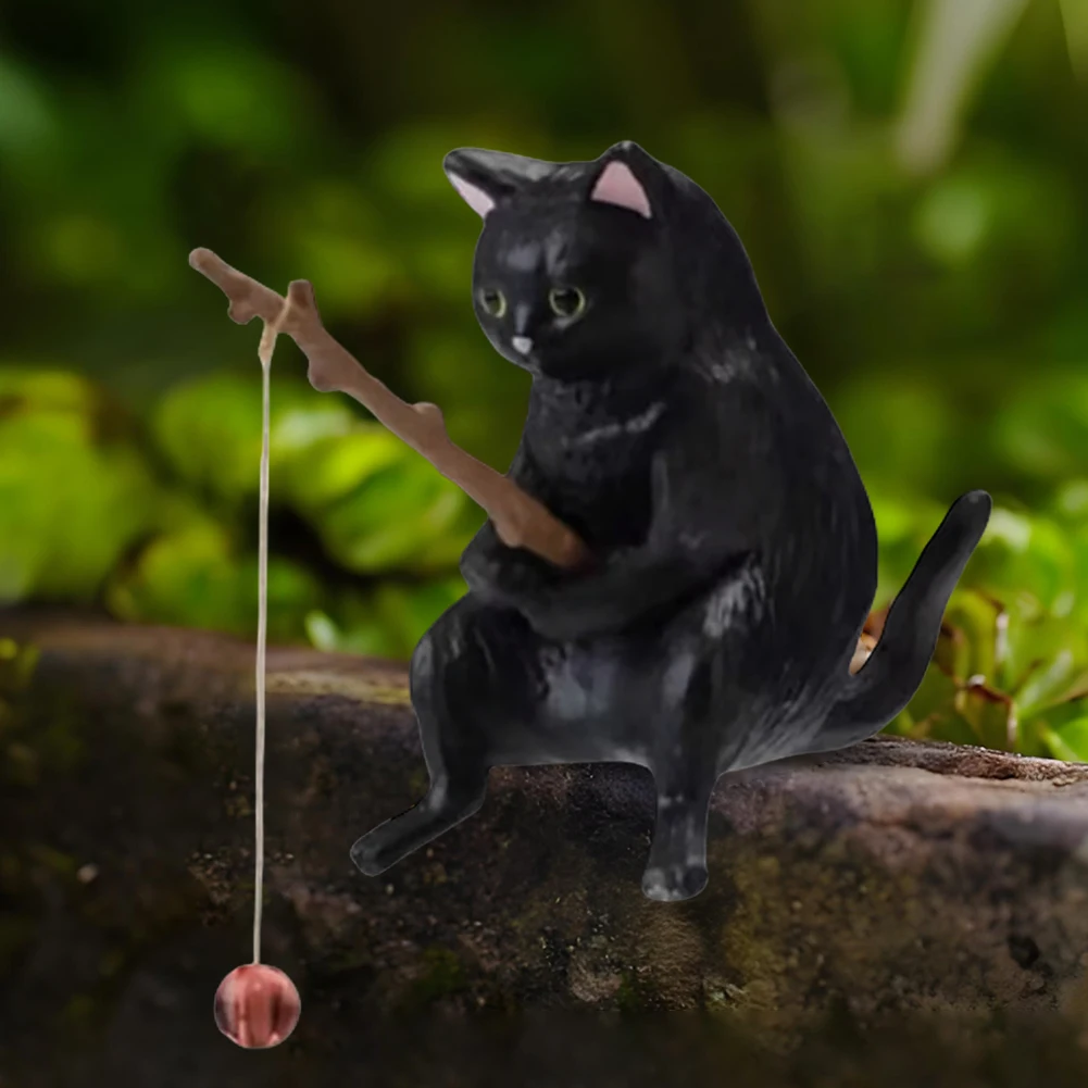 Mini Cat Statue Fish Landscaping Cartoon Cat Statue Sitting Fishing Little Cat Ornament Home Car Interior Decoration