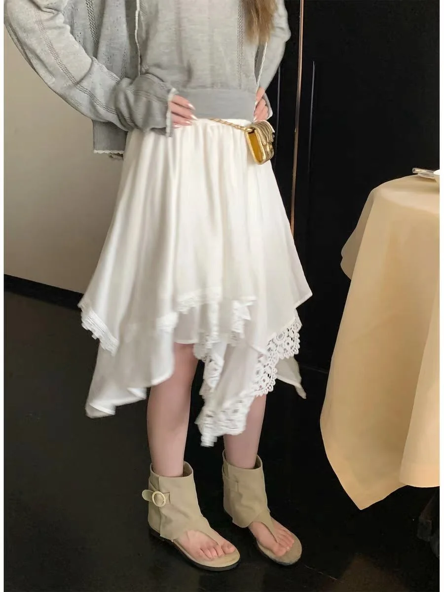 

High Waist Irregular Lace Splicing Skirt Women's Spring Summer Korean Style Gentle Half-length A-Line Skirt Polyester Fiber
