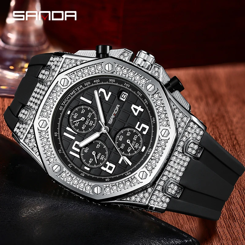 SANDA 7026 Fashionable Men's Quartz Watch With Diamond Studded Dial And Calendar Three Eye Six Pin Men's Creative Quartz Watch