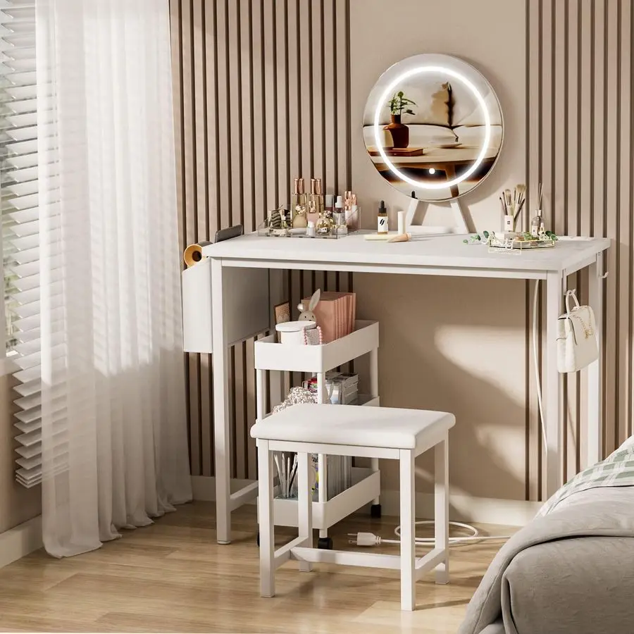 Vanity Desk with Mirror and Lights Makeup Mini Girls Vanity Set Table with Chair, Power Outlet, White Compact Make Up Dressing T