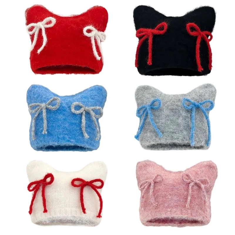 

Lovely Bows Knitted Hat Soft Comfortable Hat Winter Autumn Warm Knitted Hat Fashion Accessory for Women Dropship