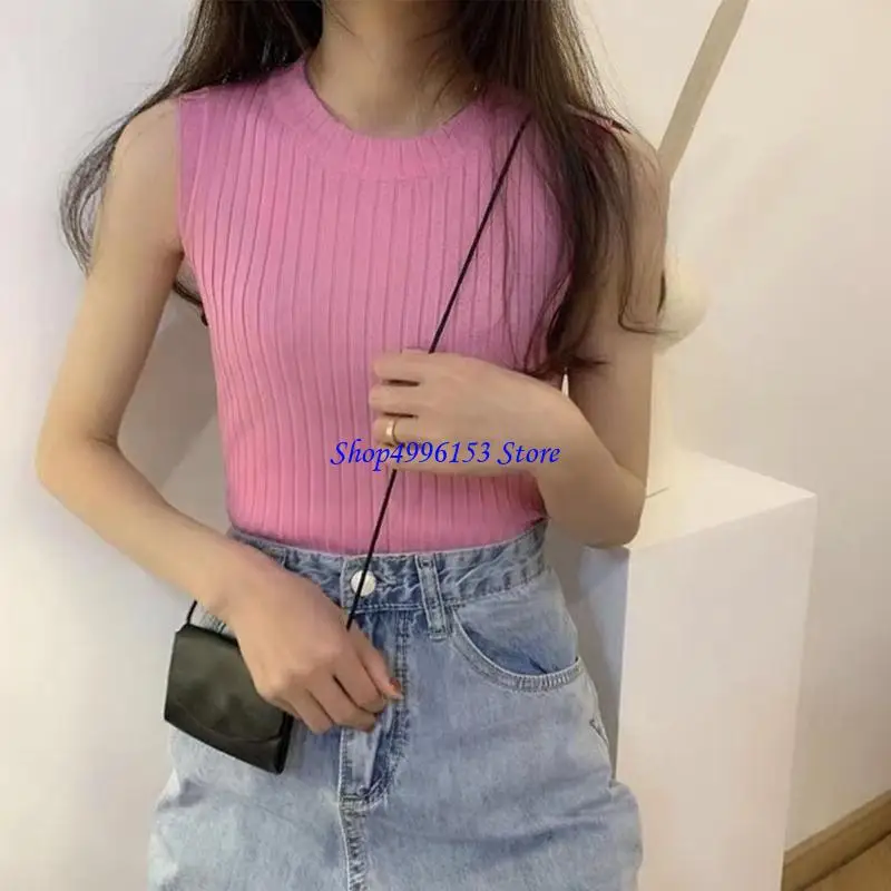 

Q0KE Women Ribbed Knit Sleeveless Crop for Tank Top O-Neck Solid Color Sweater V