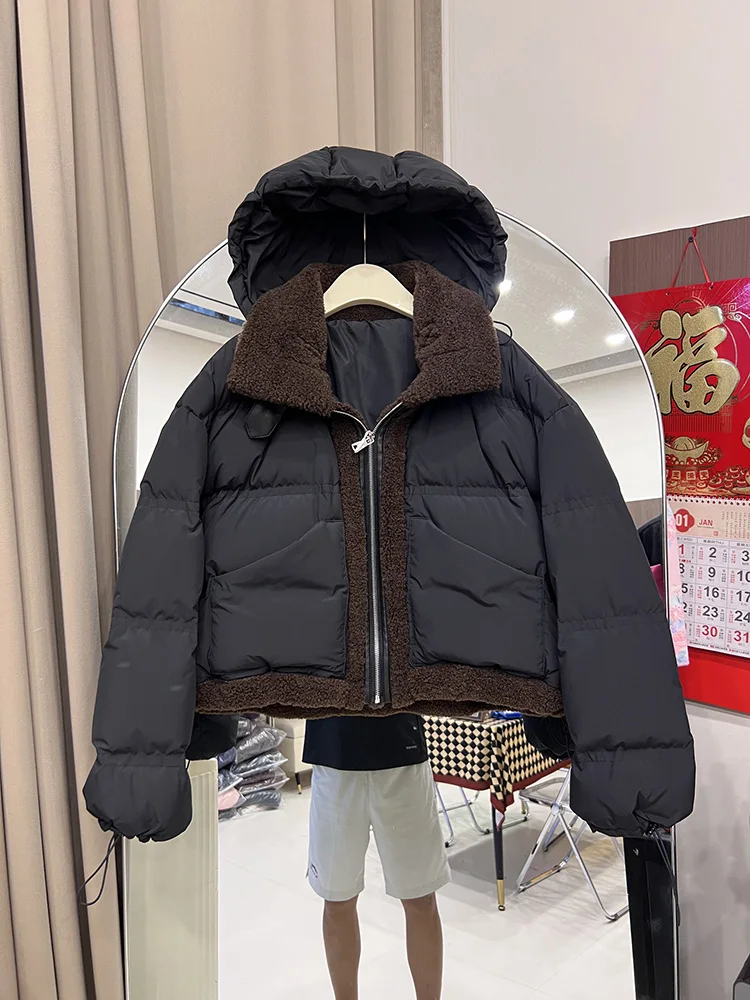 2025 New Lamb Down Jacket Women's Short Style Korean Edition Hoodie Detachable Loose Fashion Versatile White Duck Down Coat