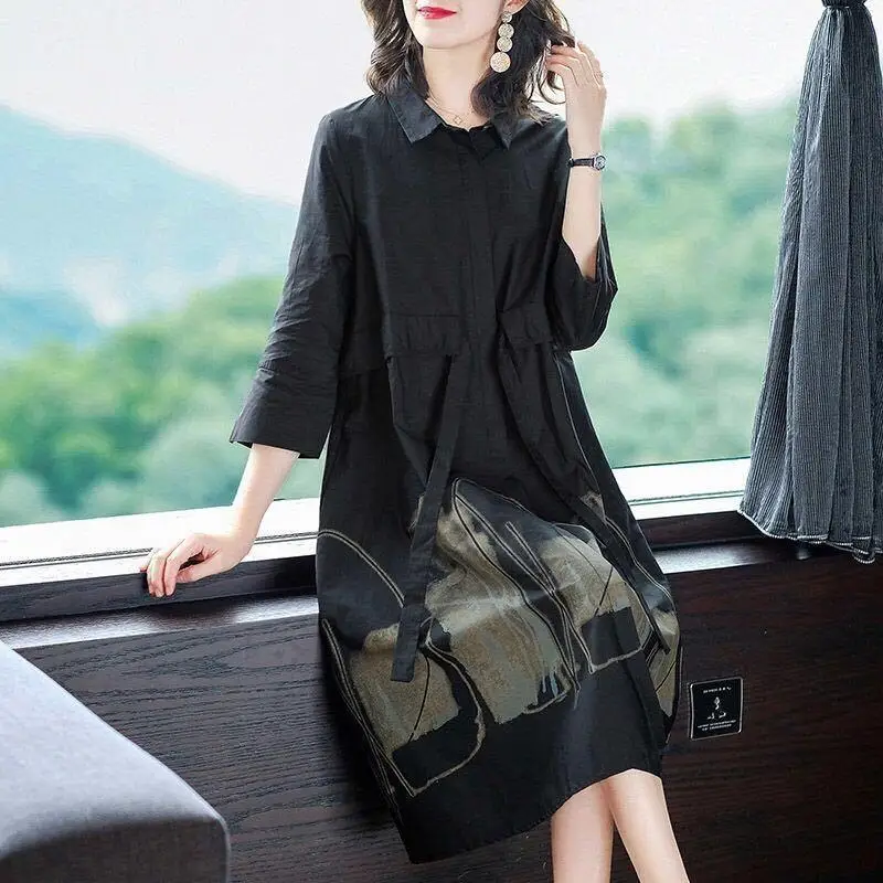 2023 Summer New Drawstring Temperament Casual Simple 3/4 Sleeve Versatile Mid Length Fashion Trendy Women's Clothing Dresses