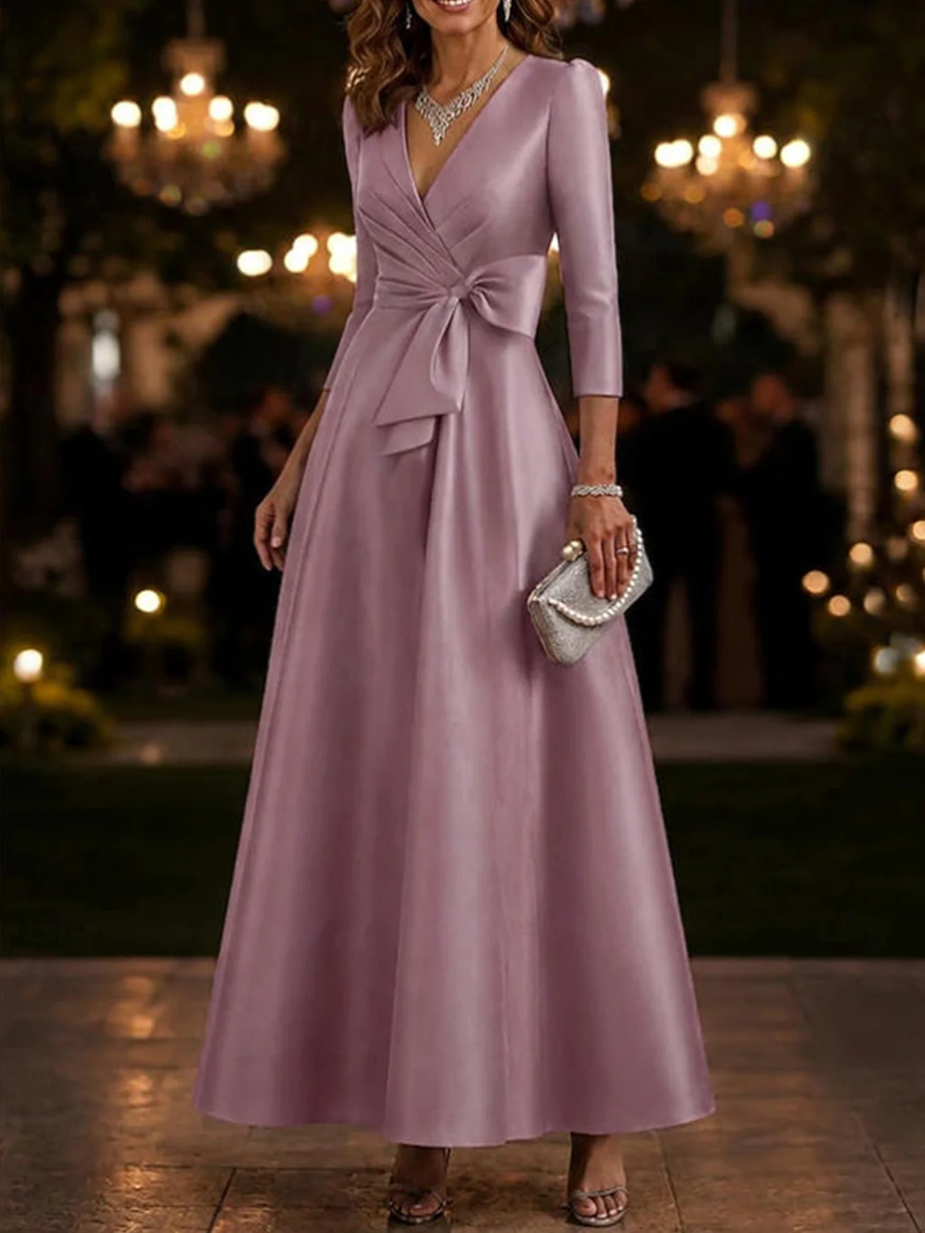 Elegant V-Neck 3/4 Sleeve Satin A-Line Evening Dress, Waist Cinched Formal Banquet Wedding Guest Gown