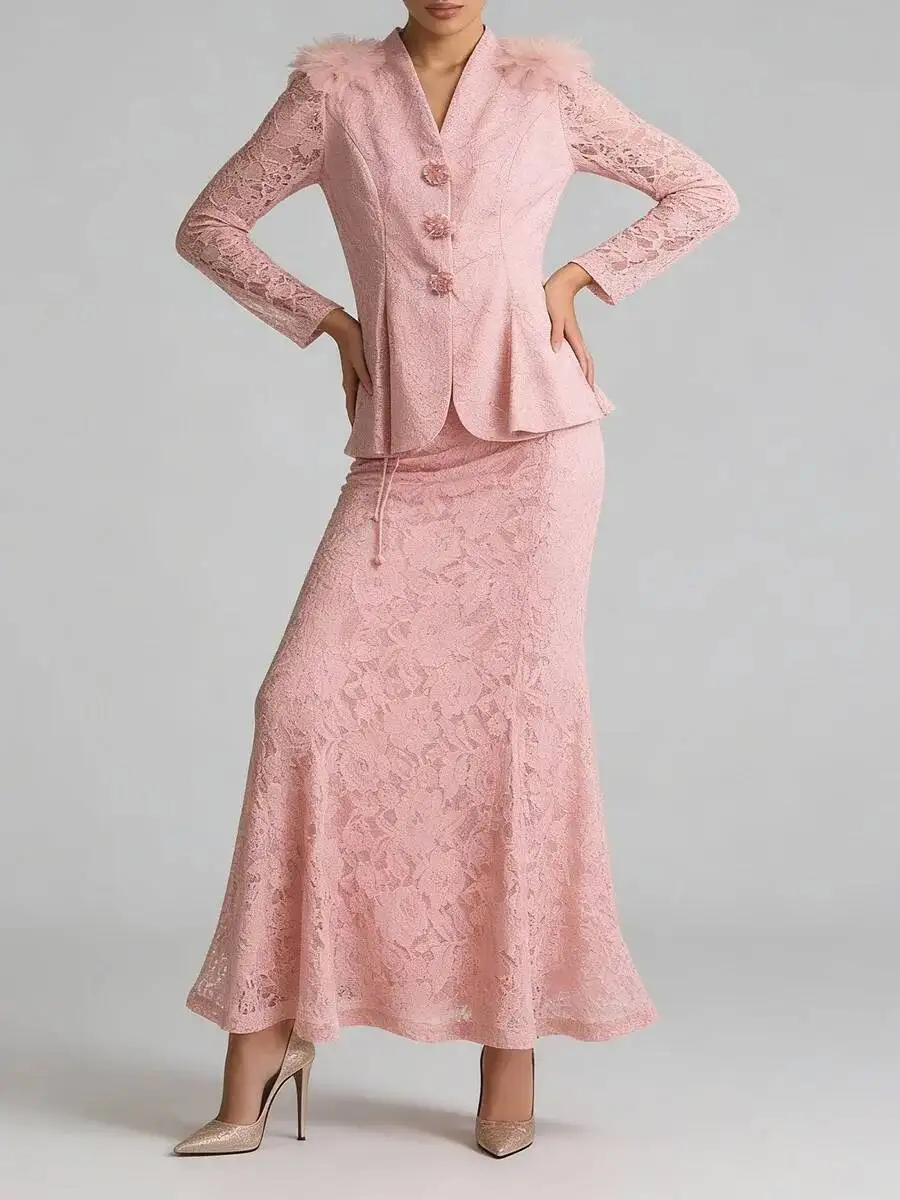 FANAN Pink Lace Two Piece Sets For Women V Neck Long Sleeves Spliced 3D Flower Top High Waist Skirt Elegant Set Female 2026 New view 5