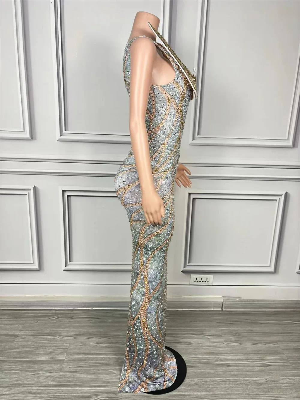 หรูหรา Rhinestone ชุด Slit Elegant Sheath Fishtail Sheath ชุดราตรีพรรคถ่ายภาพนักร้องชุดเวที