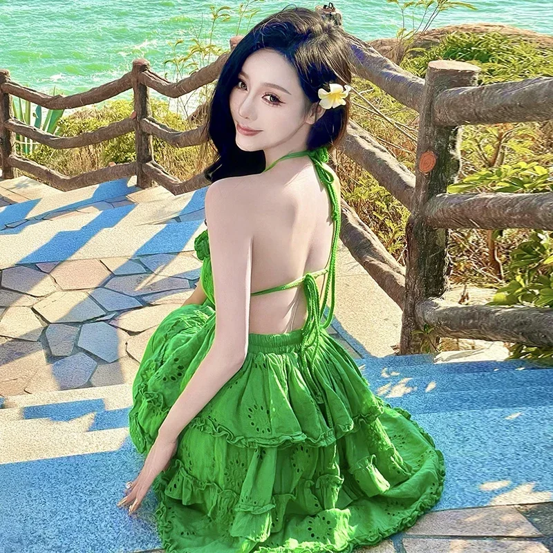 

Elegant Hollow Out Green Sundress, V-Neck Backless Summer Beach Dress for Vacation & Club Wear