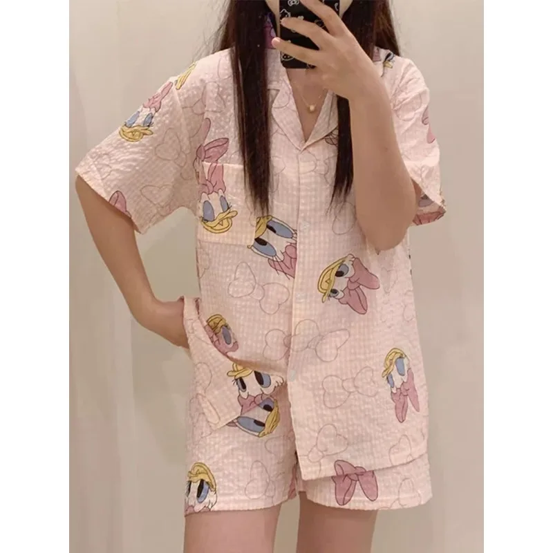 New Disney Mickey Donald Duck Pajamas for Women Cute Daisy ins Short Sleeve Shorts Cartoon Outerwear Home Clothes Set Gift