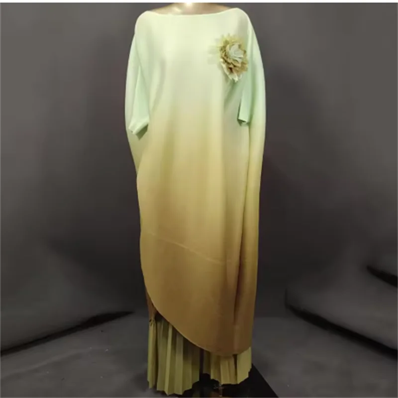 Miyake Pleated Design Women 2 Piece Set Gradient Drawstring 3D Floral Spliced Long Dress Fashion 2025 Autumn New Clothing