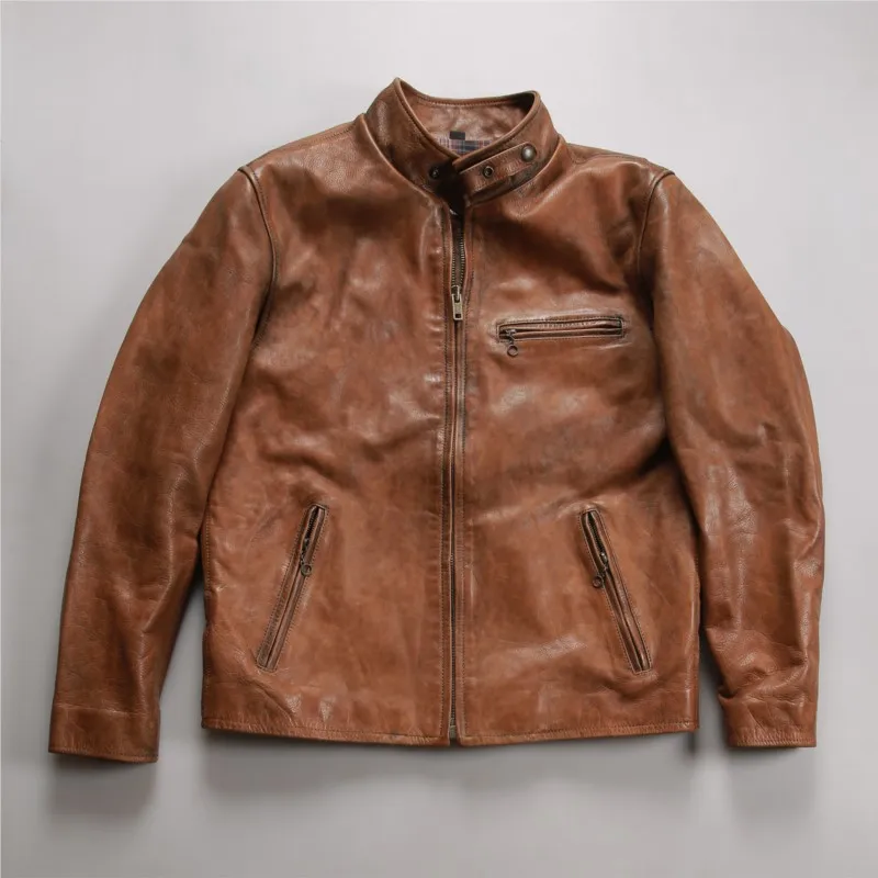 Men's stand-up collar fitted short motorcycle yellow cowhide made of leather