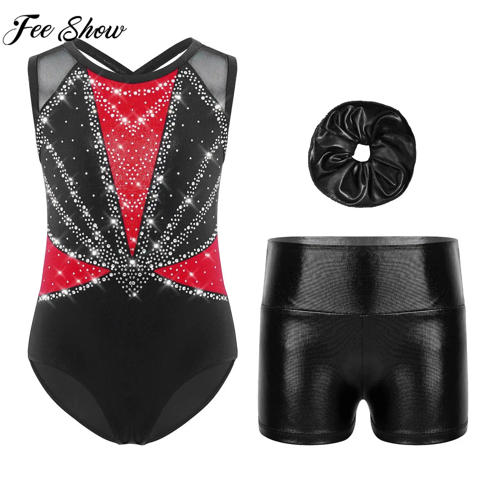 

Teen Girls Figure Skating Ballet Dance Gymnastics Acrobatics Yoga Outfit Rhinestone Mesh Leotard with Shorts Headwear Dancewear