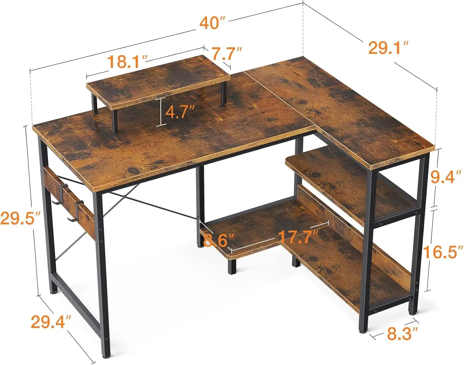 Petit bureau d'ordinateur en forme de L avec étagères de rangement réversibles, bureau d'angle avec support de moniteur pour petit espace, 40 pouces