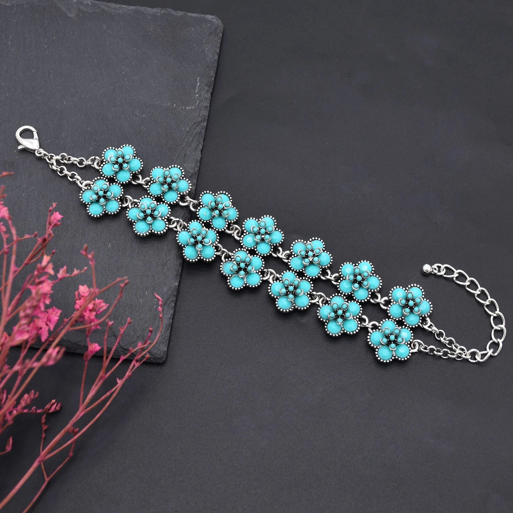 Bohemian Nation Vintage Blue Double-layered Flower Bracelet Flower turquoise Women's Alloy Jewelry Traditional Bracelet Gift