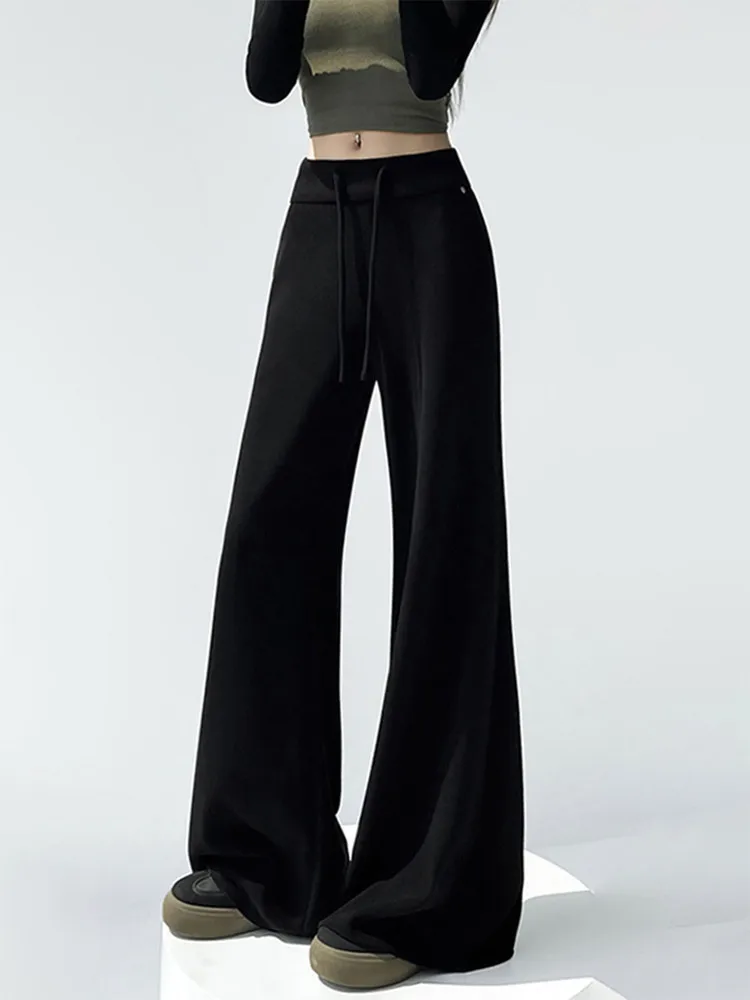 กางเกงขายาวเอวสูงทรงขากว้างสำหรับผู้หญิง ฤดูใบไม้ร่วง ฤดูหนาว รุ่นใหม่ ผ้าซับในหนา ยาวคลุมเท้า สไตล์ลำลอง