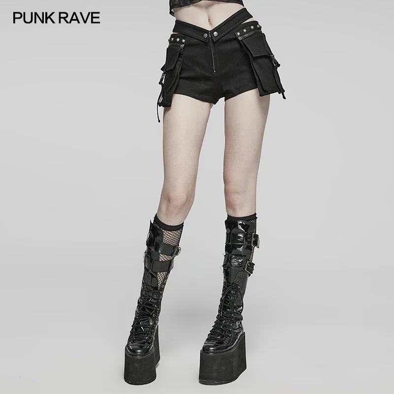 

PUNK RAVE Women's Punk Low-waisted Shorts Detachable Belt Pockets Handsome Sexy Female Denim Short Pants Summer