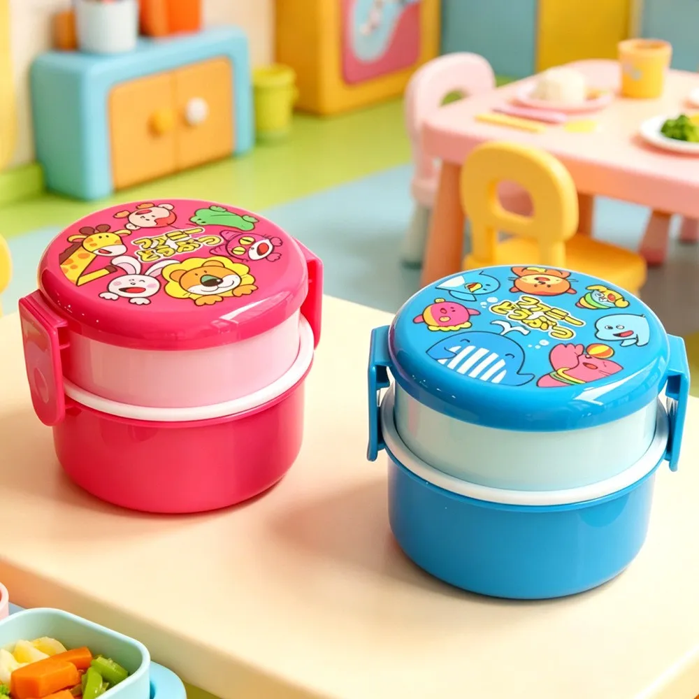Mini lonchera con forma de animal, lonchera japonesa redonda de doble capa, bonita lonchera Bento, caja de frutas para niños, caja de aperitivos, lonchera para niños apta para microondas, 540 ml