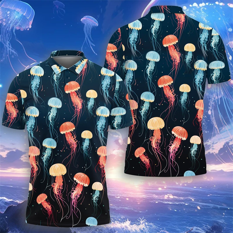 Beautiful Jellyfish 3D Print Polo Shirts For Men Hawaii Vacation Beach Short Sleeve POLO Shirt Marine Animals Jelly Fish Tops