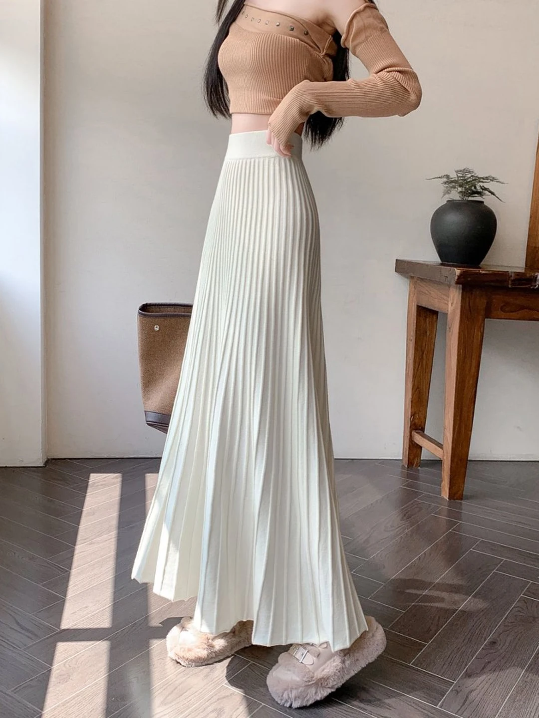 

Женская вязаная плиссированная юбка А-силуэта с высокой талией, новая весенняя коллекция, стройнящая, расклешенная, длинная, в корейском стиле, для повседневной носки, теплая