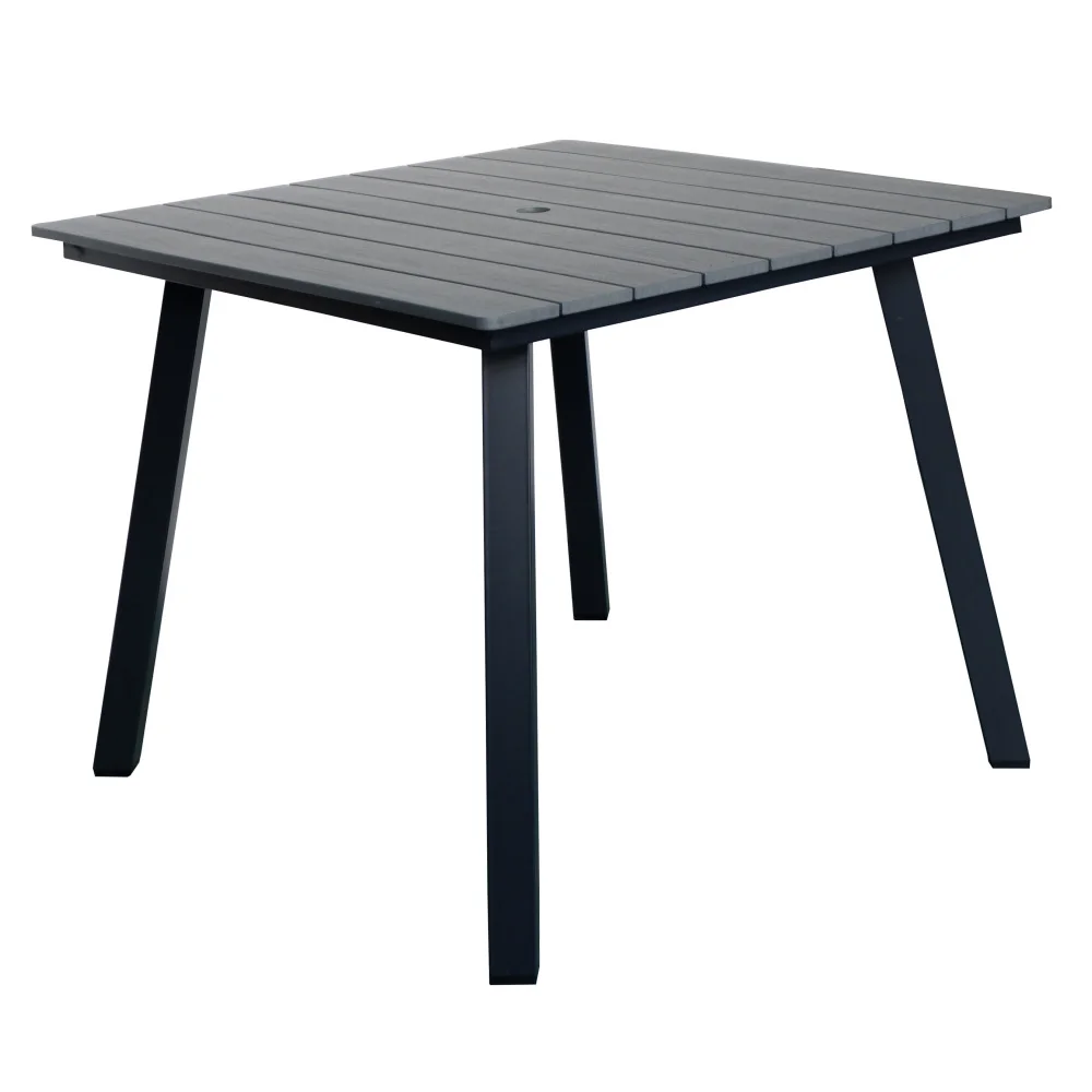 

Square Patio Dining Table with Umbrella Hole, Iron Frame & Wood-Plastic Top, All-Weather Outdoor/Indoor