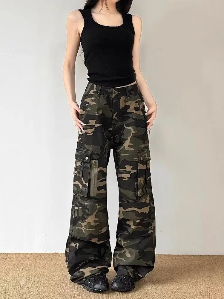 Women's Jeans Retro Camouflage Overalls Women's New Sweet And Cool Style Loose Straight Drape Casual Pants Trendy