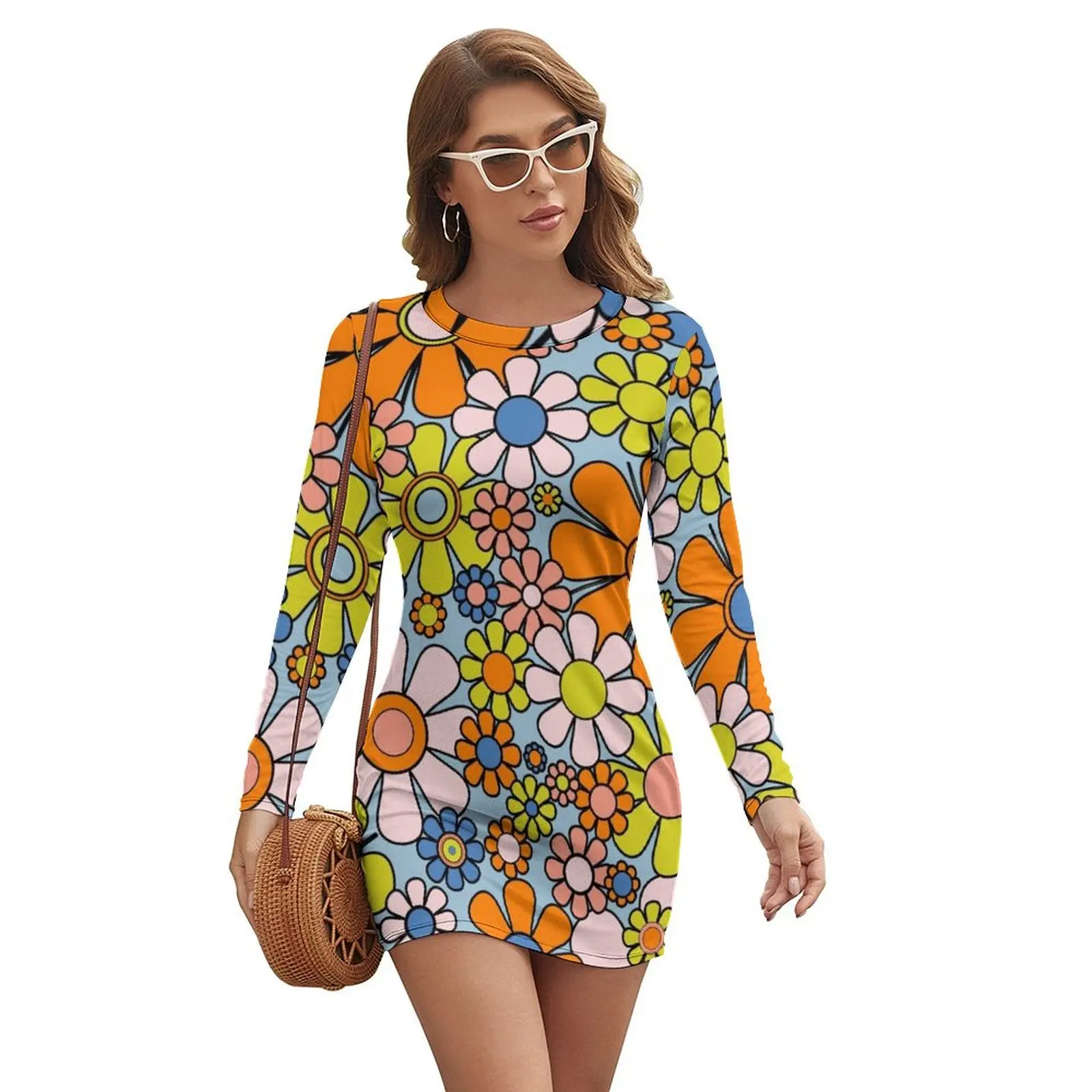 

Retro Garden Flowers Groovy 60s 70s Spring Floral Pattern Blue Orange Lime Pink Black Long-sleeved Dress loose women's dress