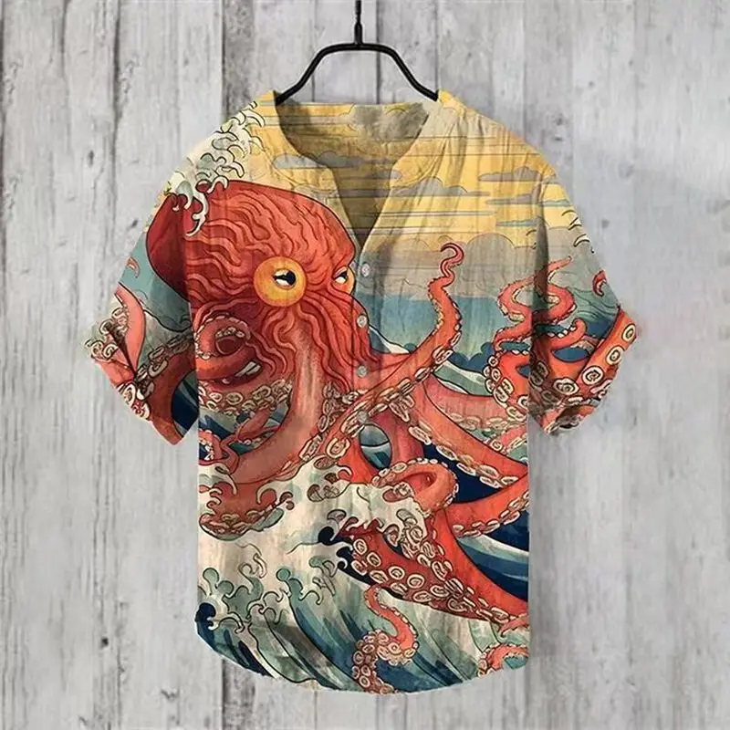 Tiki's popular red octopus 3D digital print men's shirt, cool animal men's V-neck shirt, loose and casual Hawaiian style top