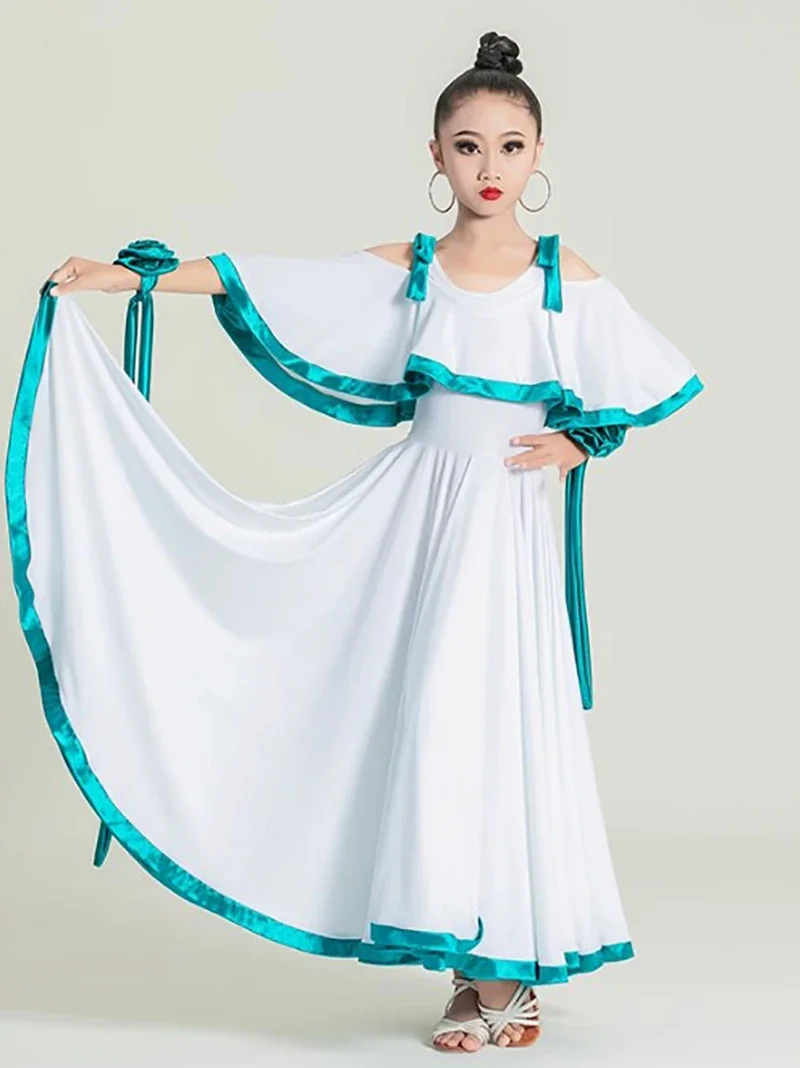 فستان رقص لقاعة الرقص على الكتف للأطفال البنات، ملابس رقص حديثة، أزياء تنورة الفالس الاجتماعية الكبيرة على شكل هيكل السمكة