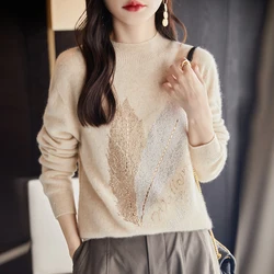 Autumn and winter Round neck Diamond Merino Pure Wool Knit Sweater Women's High-End Chic Loose Jumper High Stretch Pullover Tops