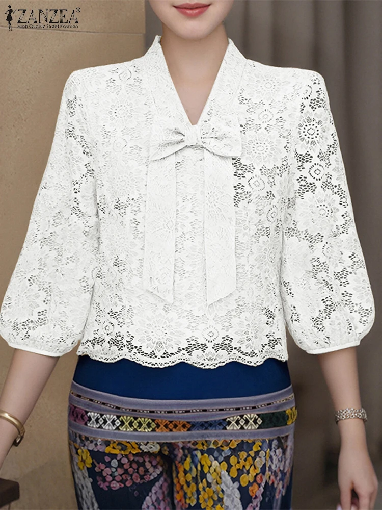 2025 ZANZEA elegante blusa de encaje para mujer con cuello en V pajarita camisas de oficina para mujer otoño 3/4 Puff manga Casual moda Blusas Tops