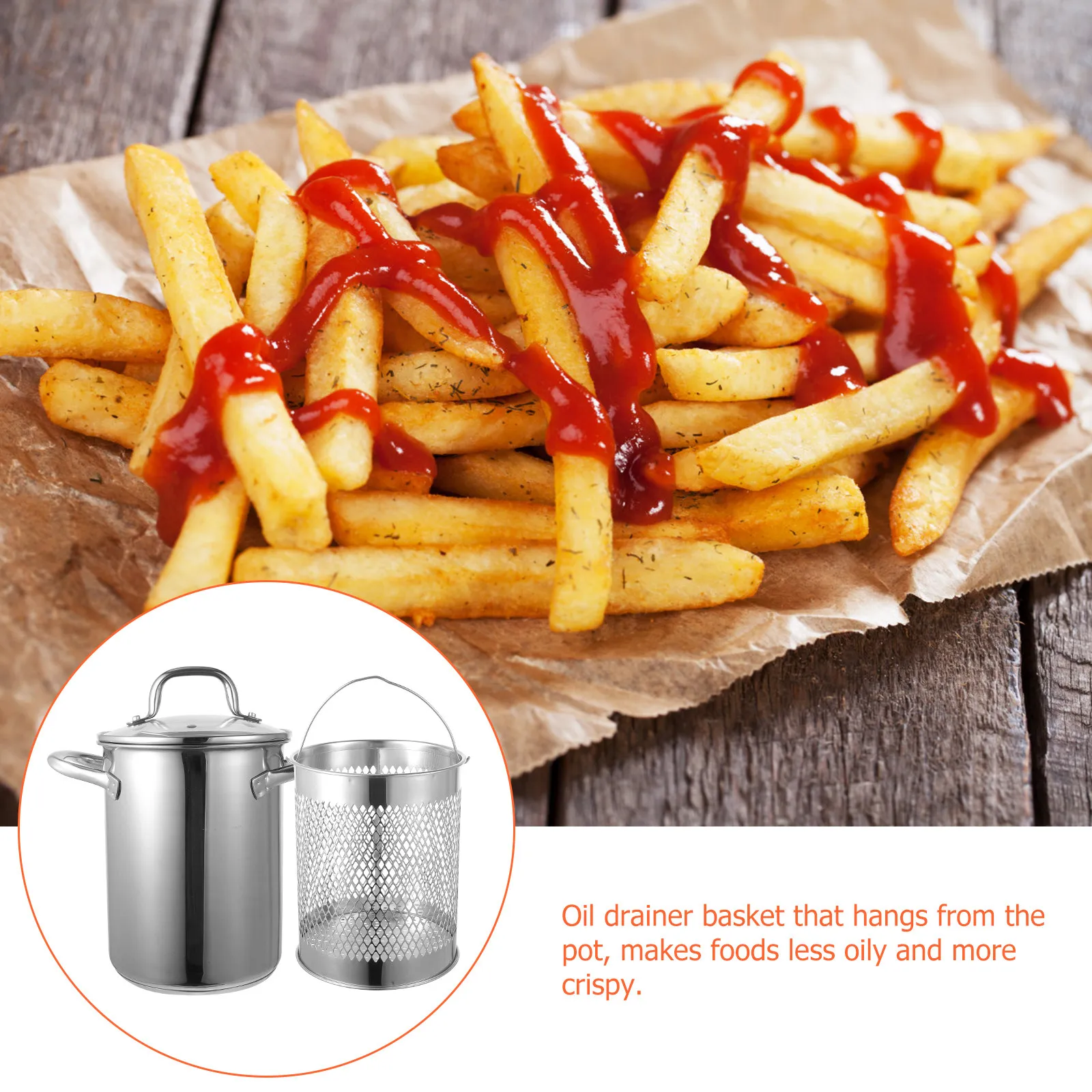 1Set Stainless Steel Fryer Pot Household Frying Pan Deep Frying Tool Nonstick Oil Drainer Basket for Tempura Chicken Fish and