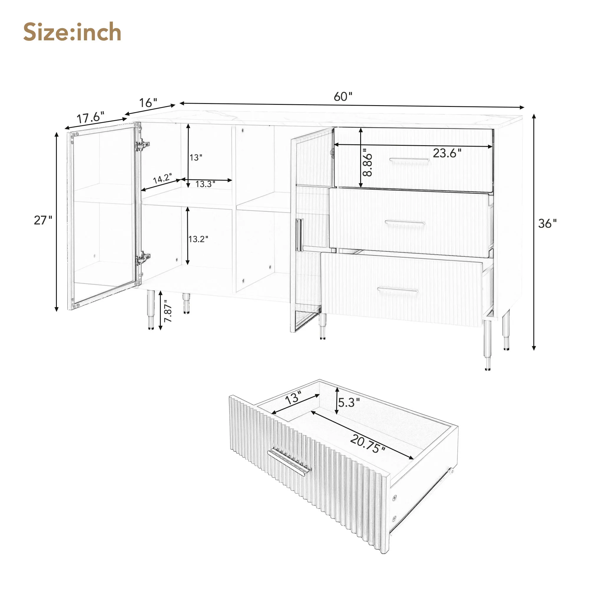 Modern Sideboard MDF Buffet Cabinet Marble Sticker Tabletop&Amber-Yellow Tempered Glass Doors W/Gold Metal Legs&Handles White