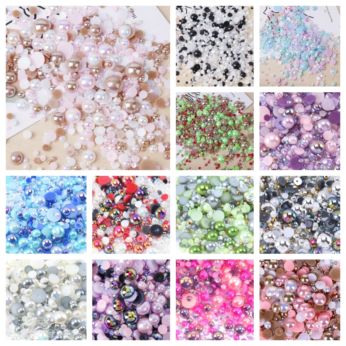1100Pcs Flat Back Pearls And Rhinestones, 30g Mixed Size 3mm-10mm Ab Color Resin Rhinestones Semi-Circular Pearl