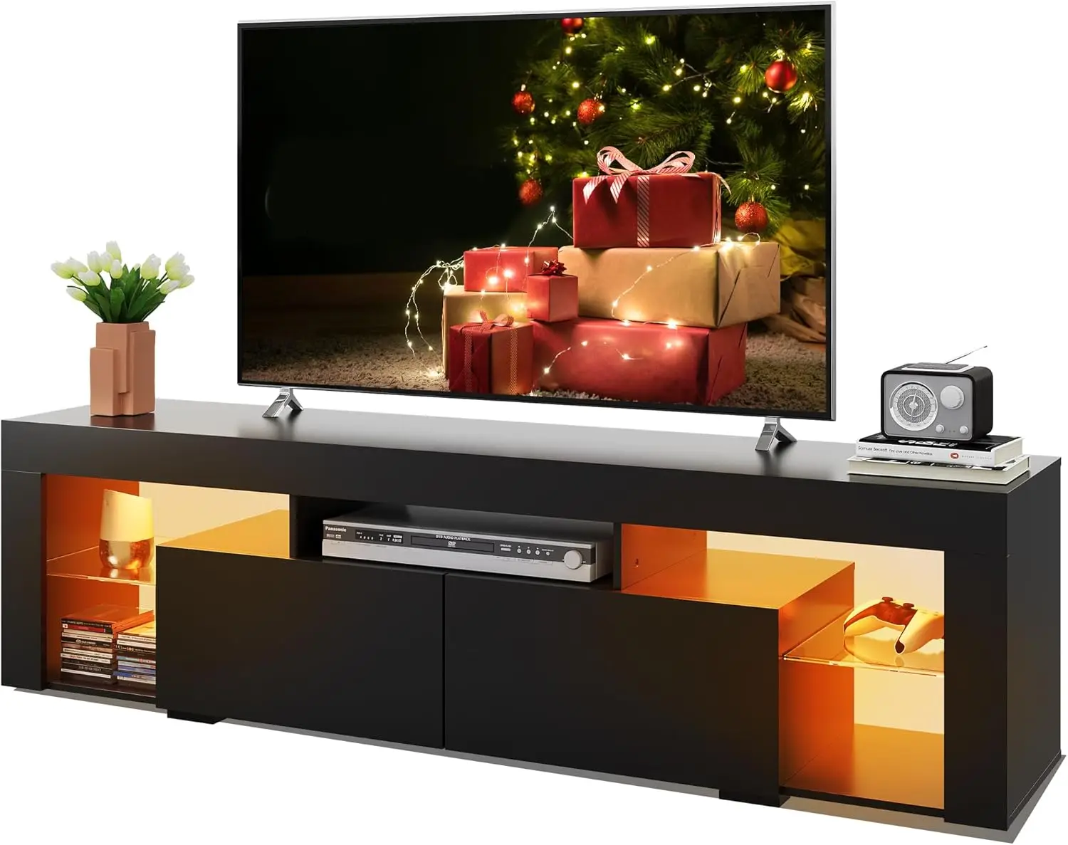 63 Inch TV Stand LED Entertainment Center for 60 to 70 Inch TV Modern TV Console with 2 Drawers Stands for Living Room Black