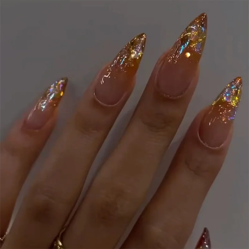 

24 PCS Glittering Golden Shimmer Medium-Length False Nails Aurora Shimmering Rhinestones with Blush Gradient Fake Nails