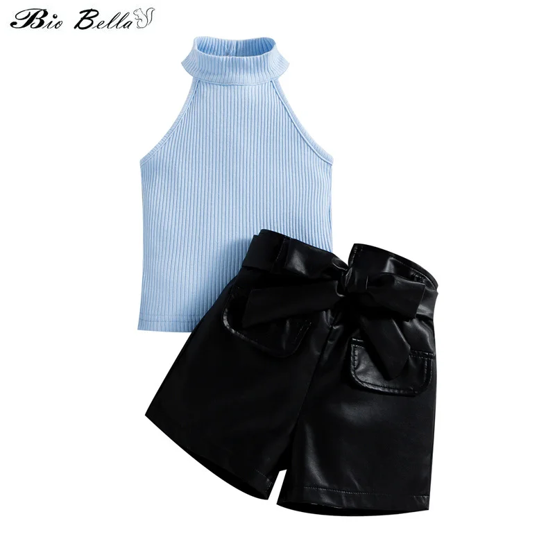 

Summer Fashion Kids Girls Clothes Sets 2pcs Sleeveless Striped Vest Pullover+Black PU Leather Shorts with Belt Bag Girl Clothing