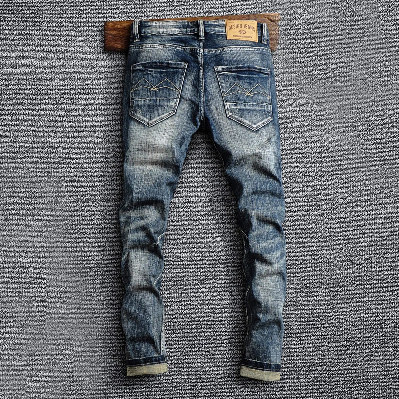 Newly Fashion Designer Men Jeans Retro Blue Elastic Stretch Slim Fit Ripped Jeans Men Vintage Trousers Casual Denim Pants Hombre
