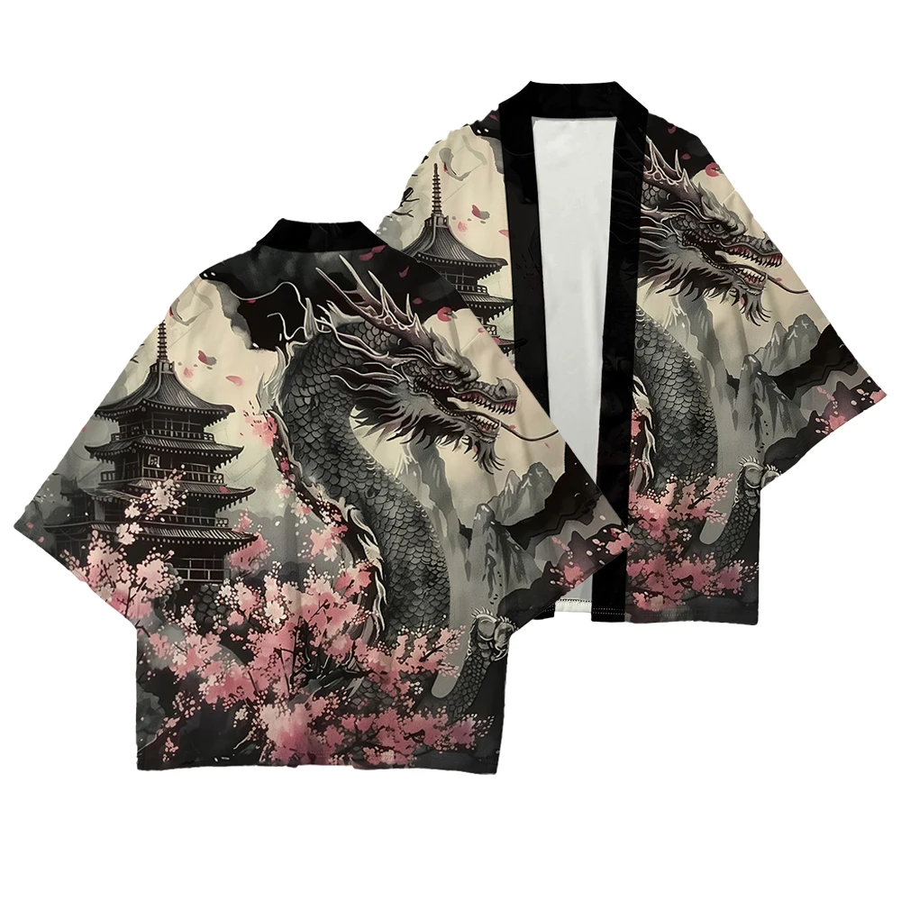 Japanese Anim Dragon Sakura Print Kimono Traditional Japan Samurai Cardigan Yukata Harajuku Haori Unisex Beach Robe Streetwear