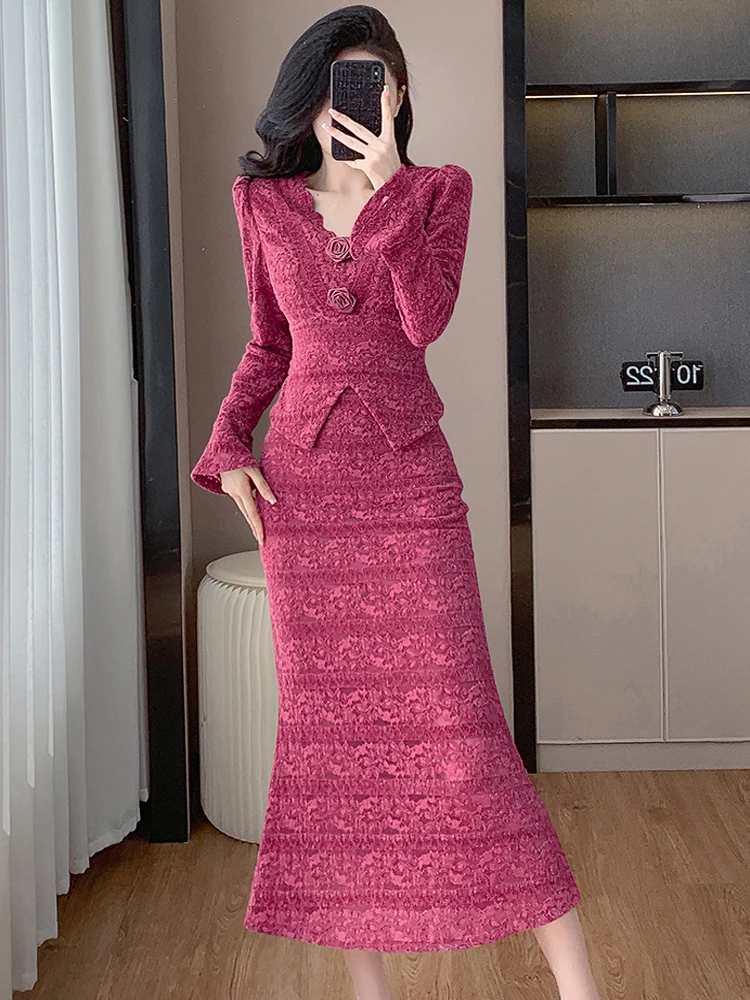 

Ретро модный кружевной элегантный комплект из двух предметов, женские сексуальные топы с v-образным вырезом и длинными рукавами + облегающие юбки с высокой талией, женский костюм