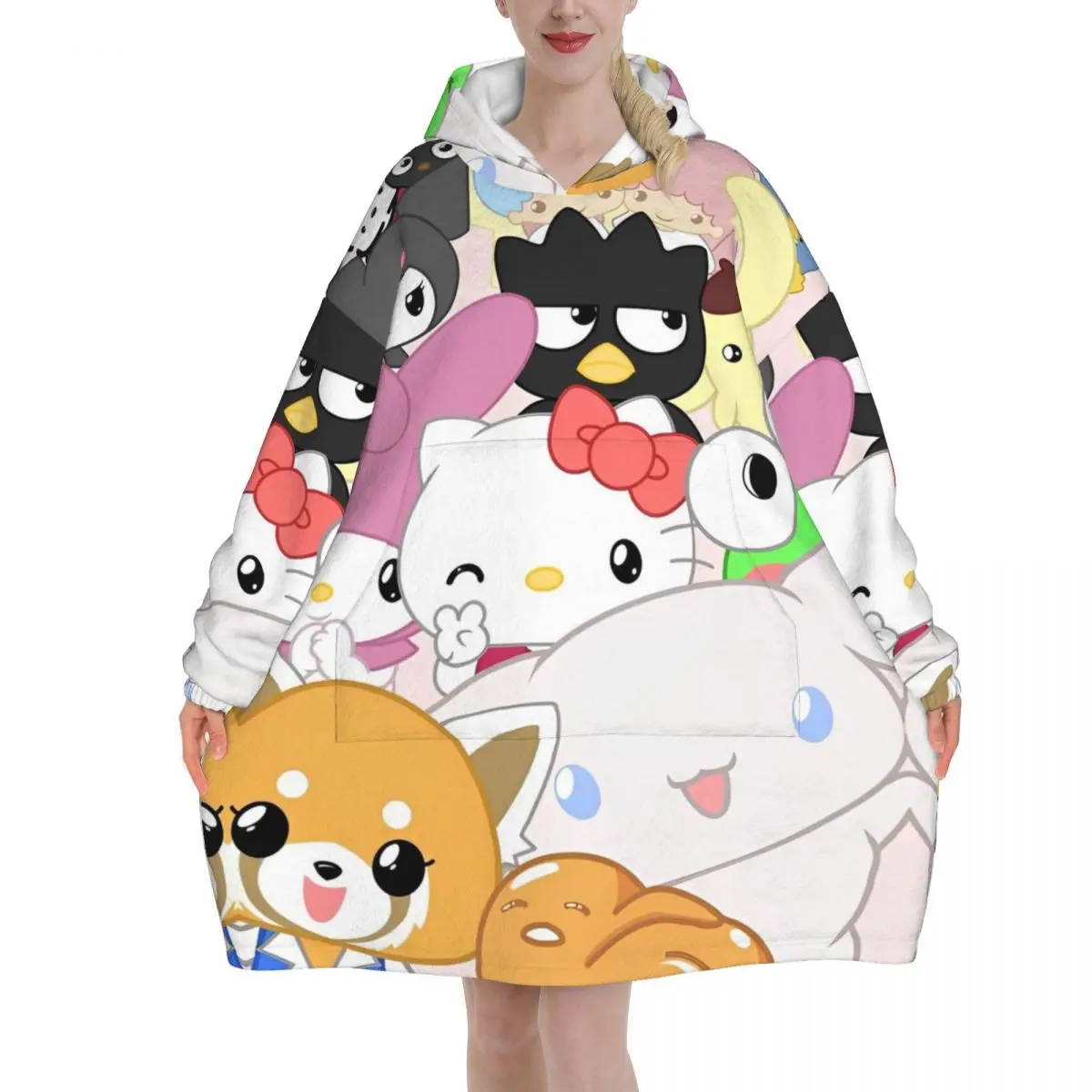 Hello Kitty & Friends Blanket Hoodie Wearable Cinnamoroll Kuromi Blanket Large with Pocket Warm Sleeping Bag Soft Cozy Onesie