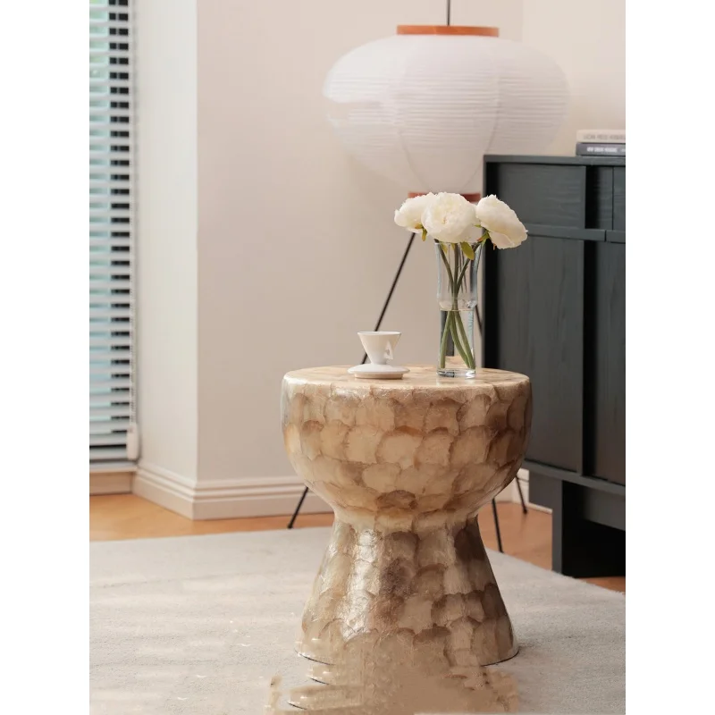 Simple luxurious handmade original golden shell ottoman set room, bedroom. Matching beaded art coffee table and side table.