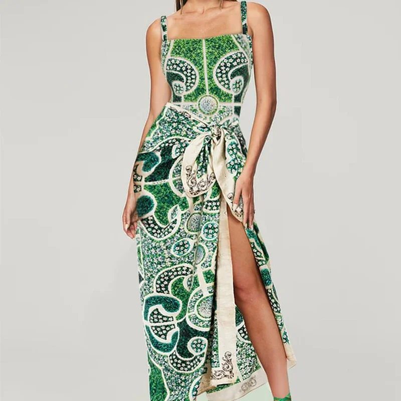 Vintage Sexy Women's Two-piece Swimsuit Garden Printed One Piece Swimsuit with Wrapped Skirt Bodysuit Beachwear ﻿