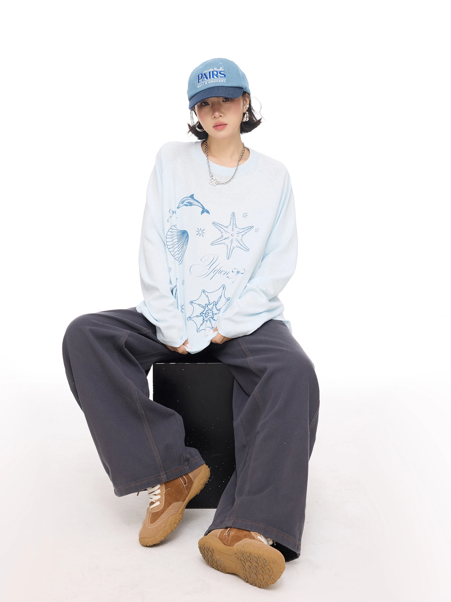 

American Sle Starfi fiti Long Sve Loose Women's T-irt Autumn New Design Trendy Top Cotton Polyester Blend